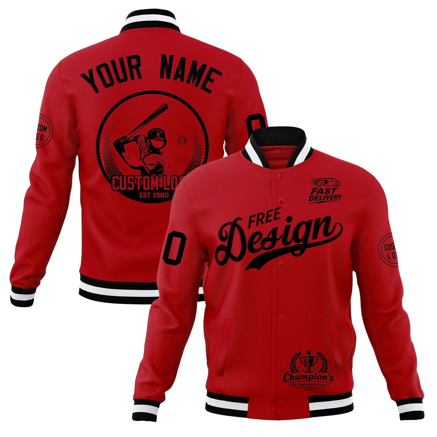 Custom Red Black White Jacket Classic Style Full-Snap Club & Spirit Wear Breathable