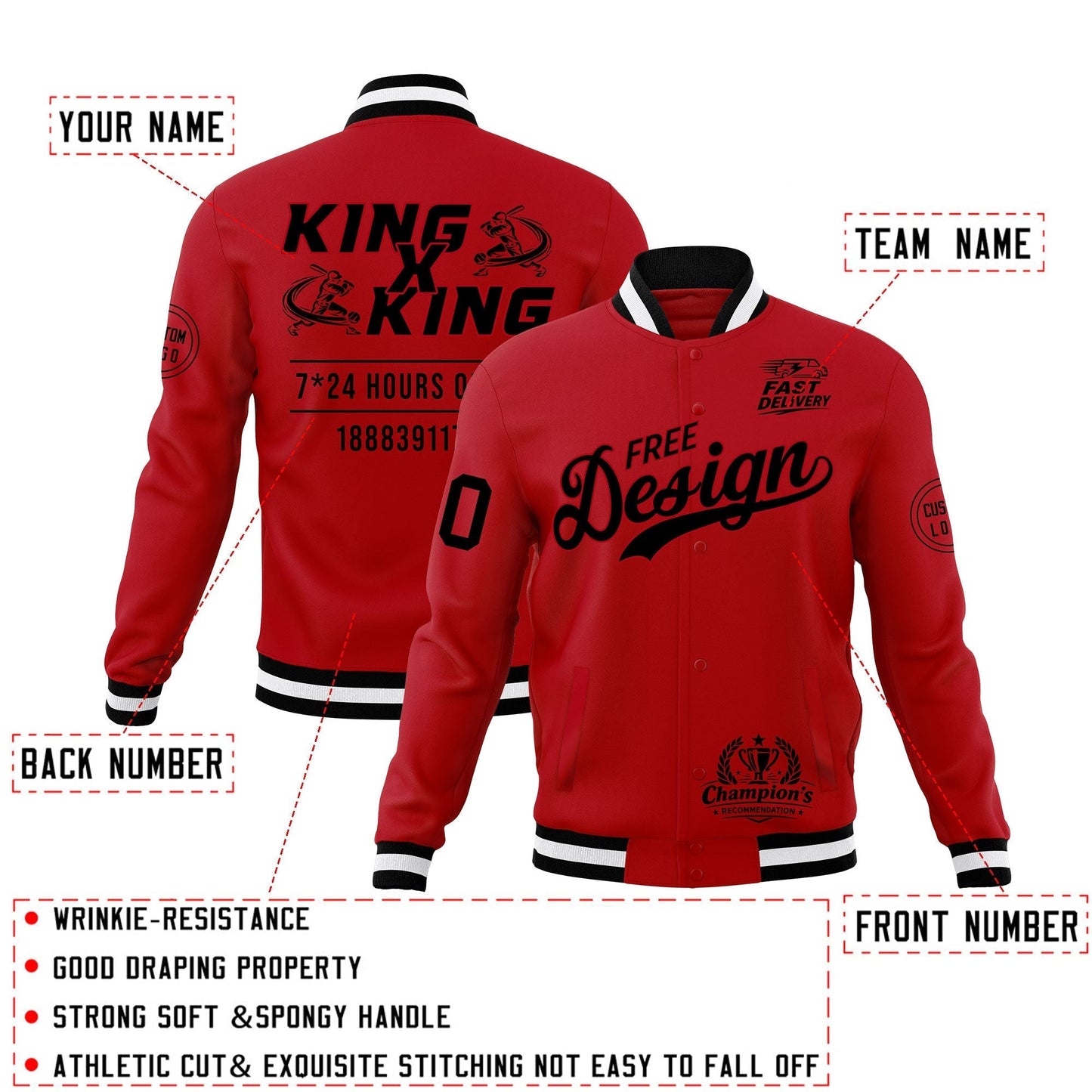 Custom Red Black White Jacket Classic Style Full-Snap Club & Spirit Wear Wrinkle-Resistant