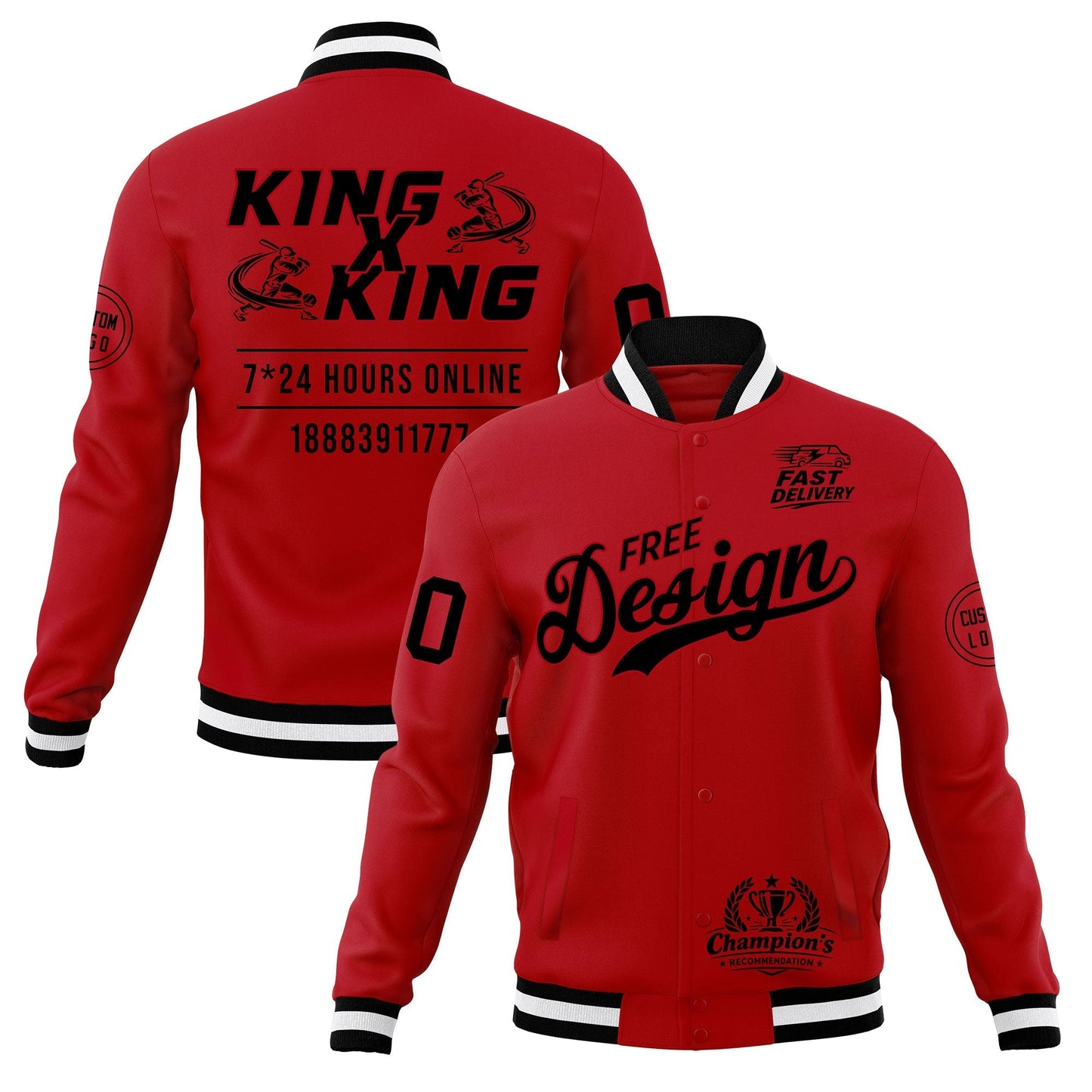 Custom Red Black White Jacket Classic Style Full-Snap Club & Spirit Wear Wrinkle-Resistant