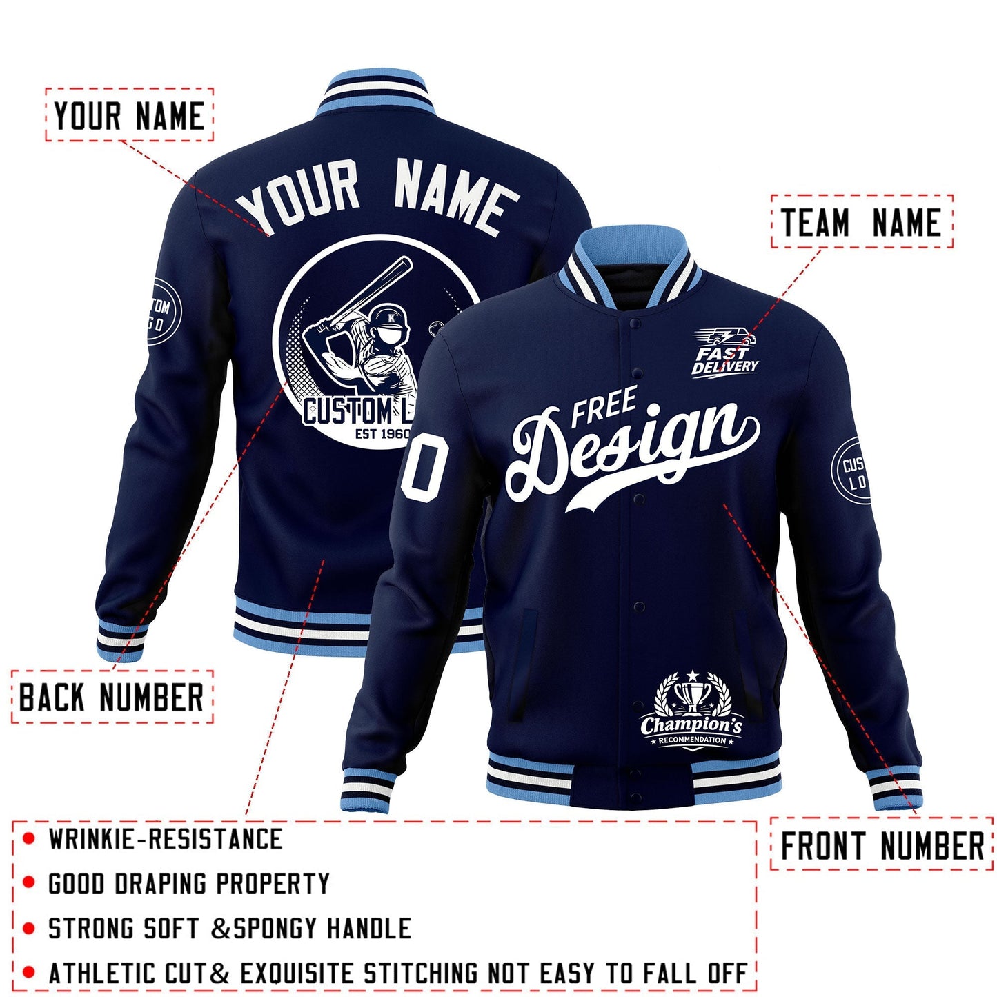 Custom Navy Light Blue White Jacket Classic Style Full-Snap Club & Spirit Wear Breathable