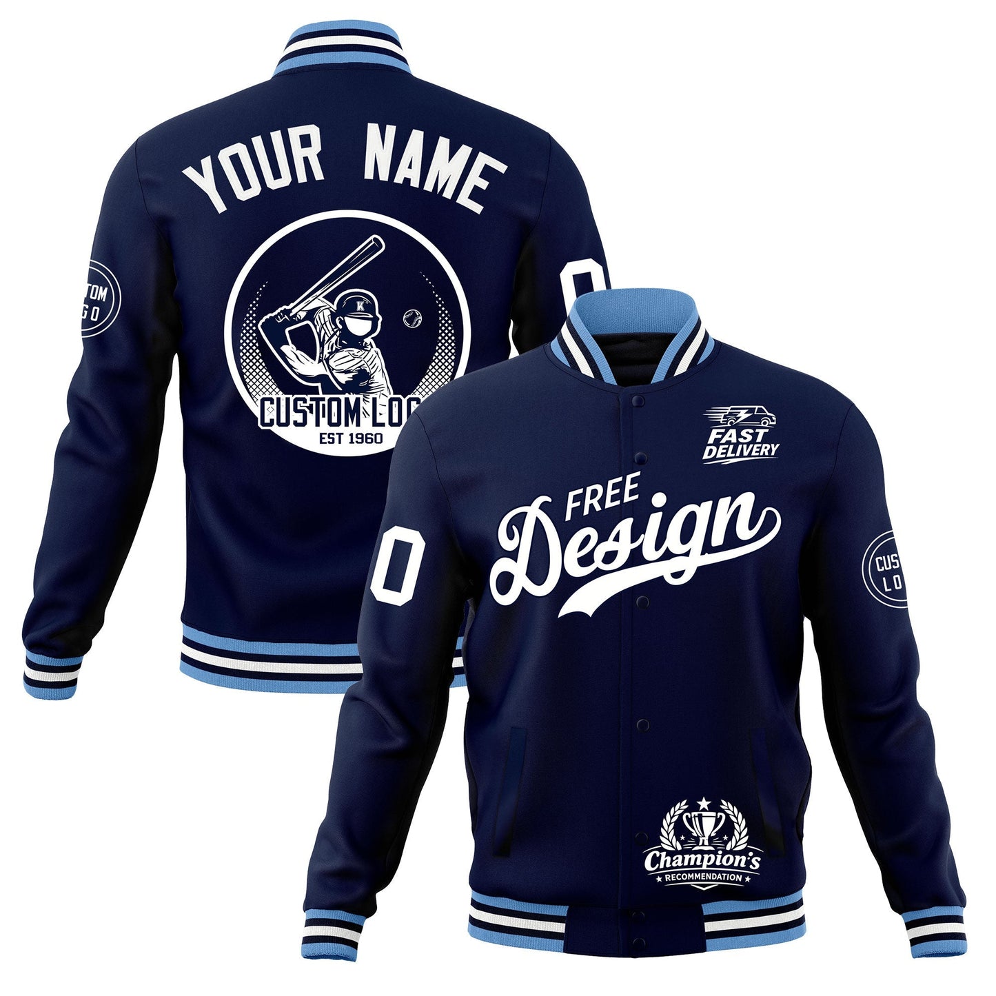 Custom Navy Light Blue White Jacket Classic Style Full-Snap Club & Spirit Wear Breathable