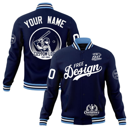Custom Navy Light Blue White Jacket Classic Style Full-Snap Club & Spirit Wear Breathable
