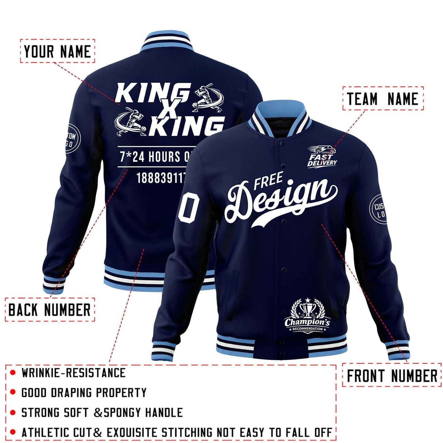 Custom Navy Light Blue White Jacket Classic Style Full-Snap Club & Spirit Wear Wrinkle-Resistant