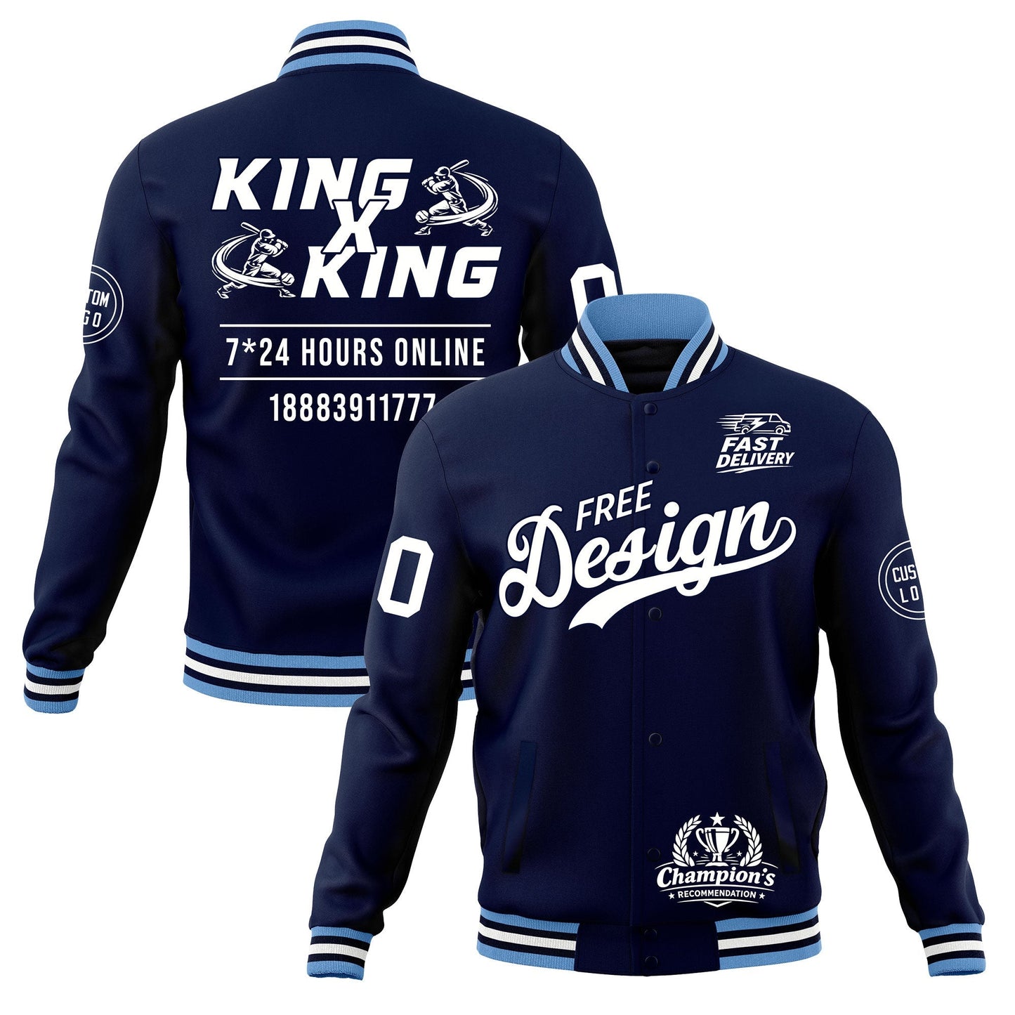 Custom Navy Light Blue White Jacket Classic Style Full-Snap Club & Spirit Wear Wrinkle-Resistant