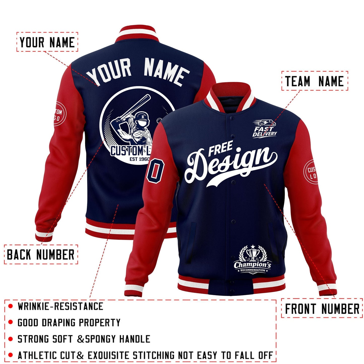 Custom Navy Red White Jacket Classic Style Full-Snap Club & Spirit Wear Breathable