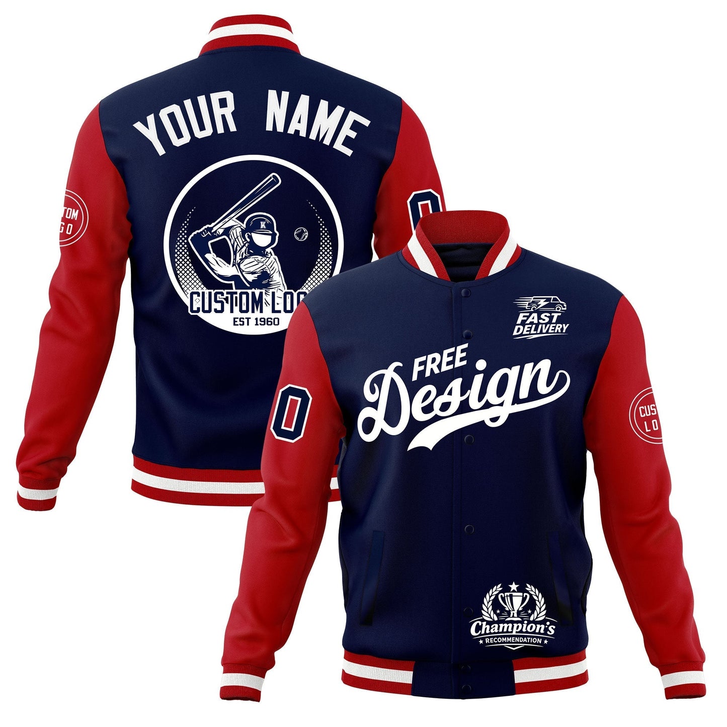 Custom Navy Red White Jacket Classic Style Full-Snap Club & Spirit Wear Breathable
