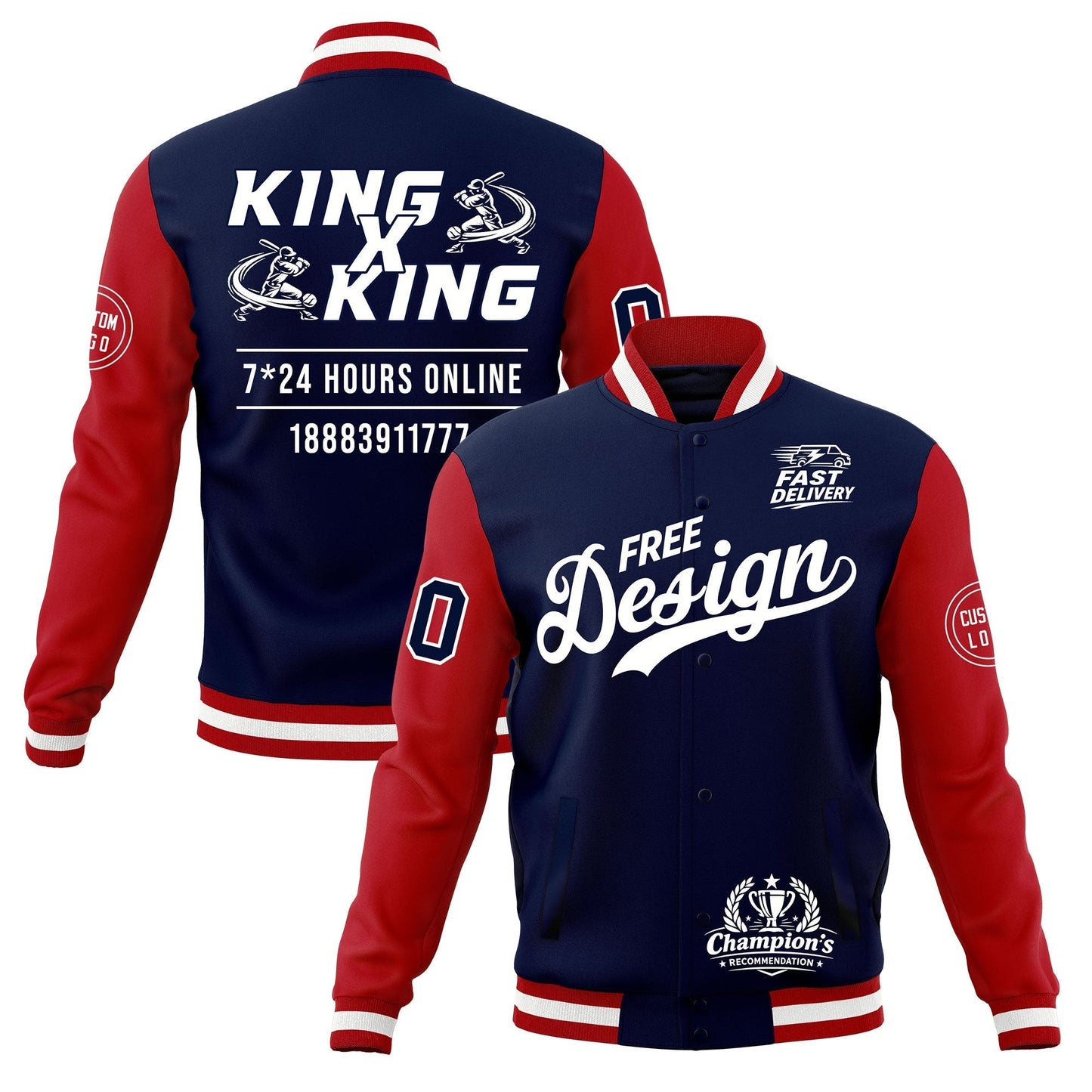Custom Navy Red White Jacket Classic Style Full-Snap Club & Spirit Wear Wrinkle-Resistant