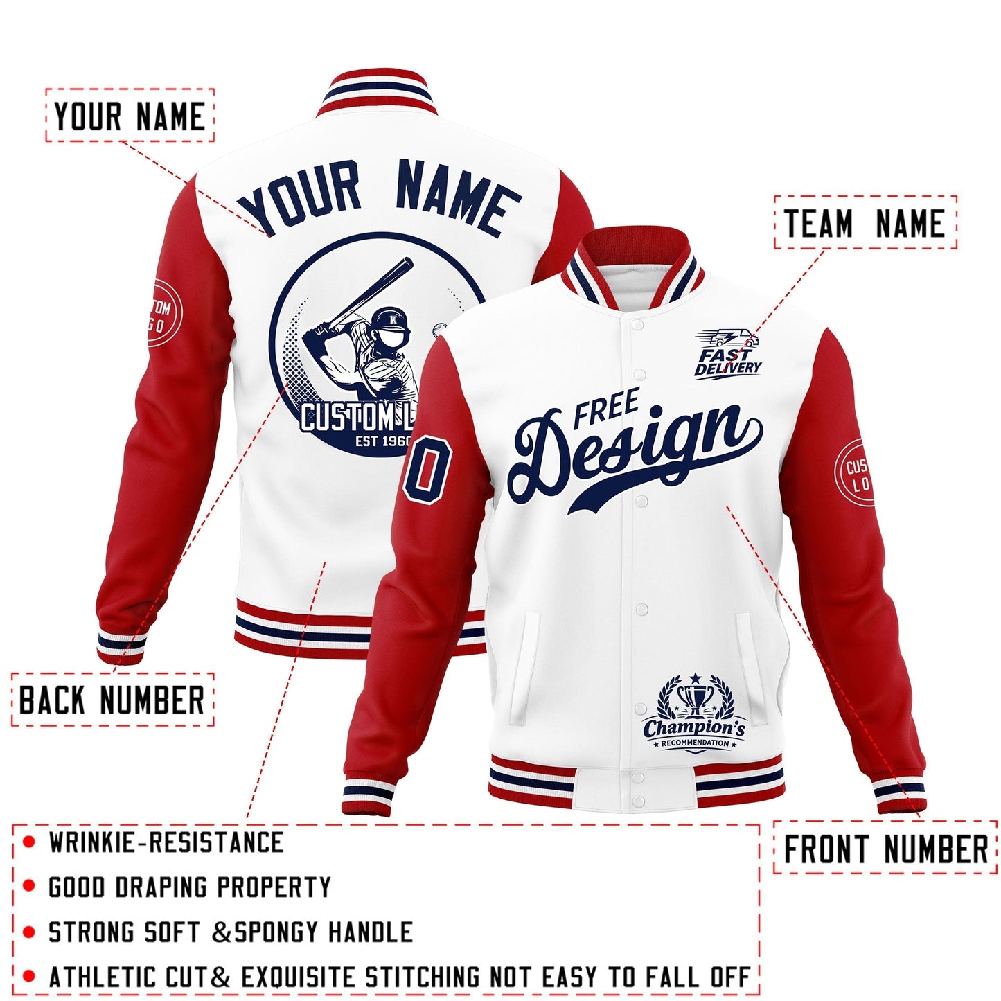 Custom White Red Navy Jacket Classic Style Full-Snap Club & Spirit Wear Breathable