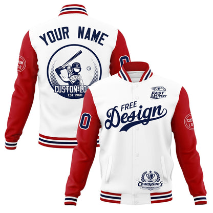 Custom White Red Navy Jacket Classic Style Full-Snap Club & Spirit Wear Breathable