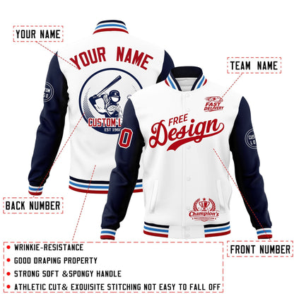 Custom White Navy Light Blue Jacket Classic Style Full-Snap Club & Spirit Wear Breathable