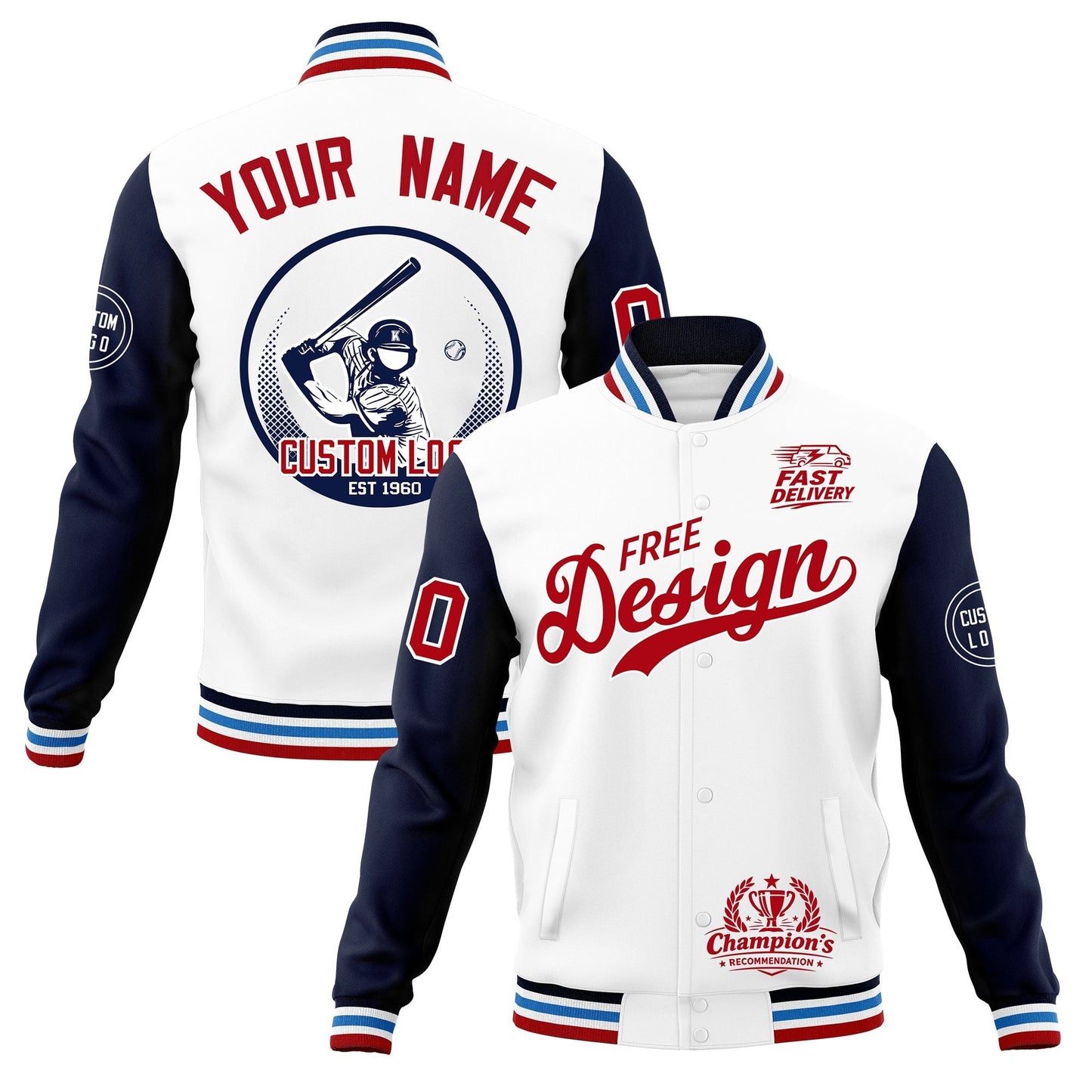Custom White Navy Light Blue Jacket Classic Style Full-Snap Club & Spirit Wear Breathable