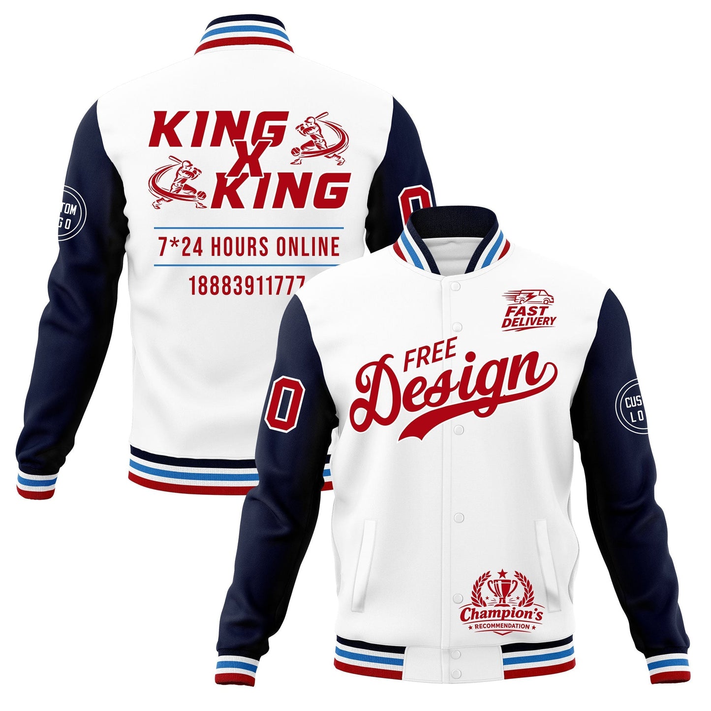 Custom White Navy Light Blue Jacket Classic Style Full-Snap Club & Spirit Wear Wrinkle-Resistant