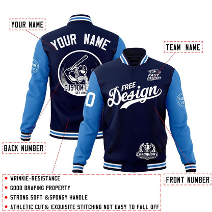 Custom Navy White Light Blue Jacket Classic Style Full-Snap Club & Spirit Wear Breathable
