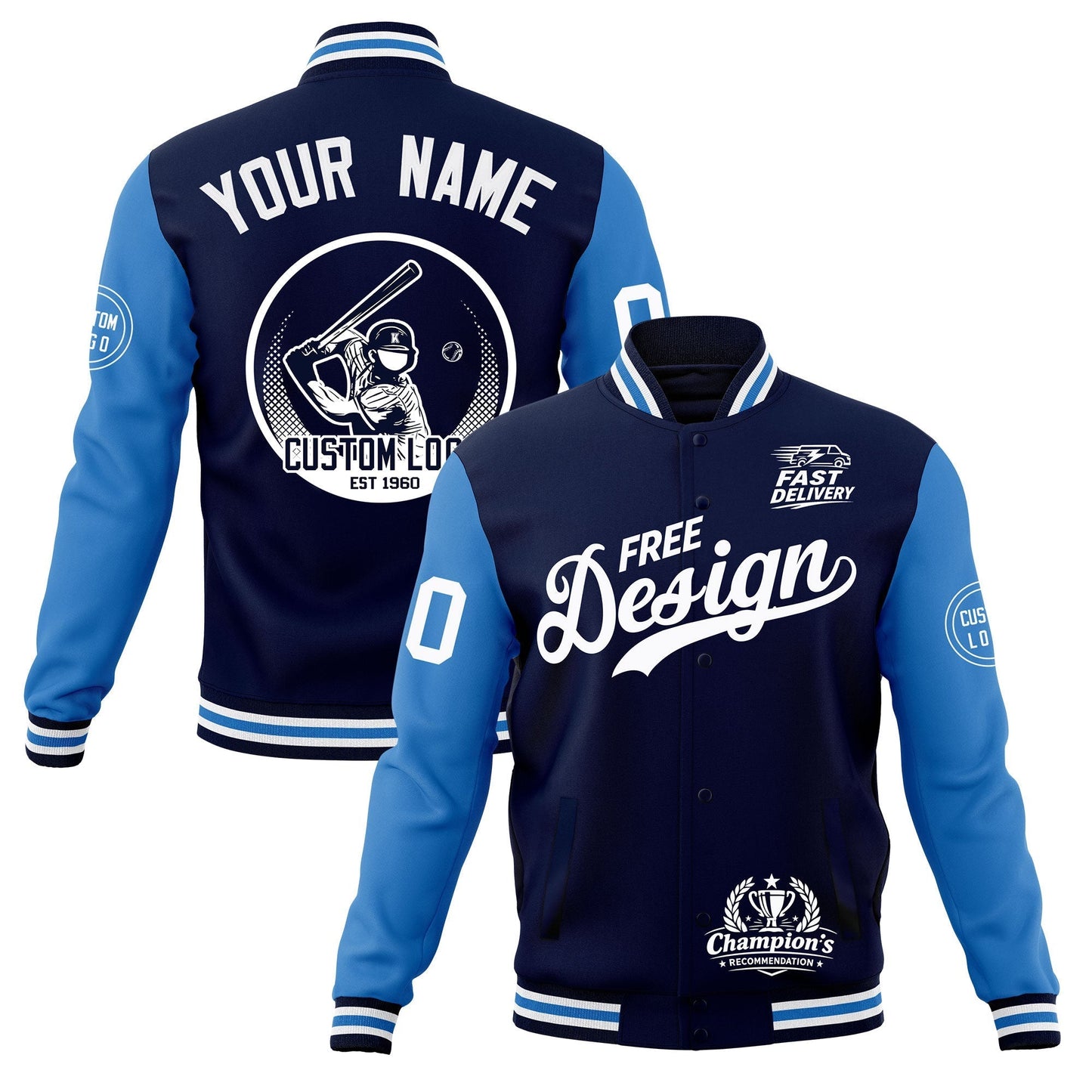Custom Navy White Light Blue Jacket Classic Style Full-Snap Club & Spirit Wear Breathable