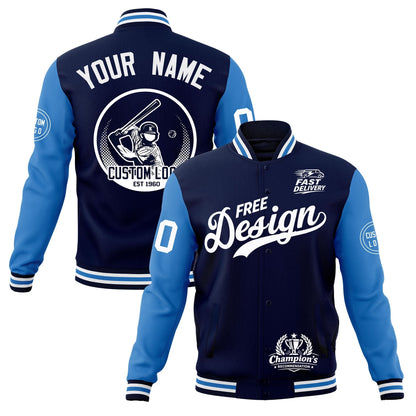 Custom Navy White Light Blue Jacket Classic Style Full-Snap Club & Spirit Wear Breathable