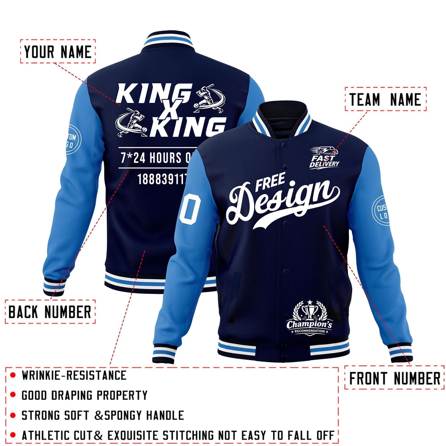 Custom Navy White Light Blue Jacket Classic Style Full-Snap Club & Spirit Wear Wrinkle-Resistant