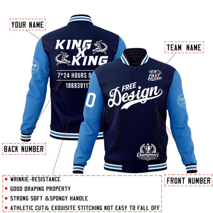 Custom Navy White Light Blue Jacket Classic Style Full-Snap Club & Spirit Wear Wrinkle-Resistant