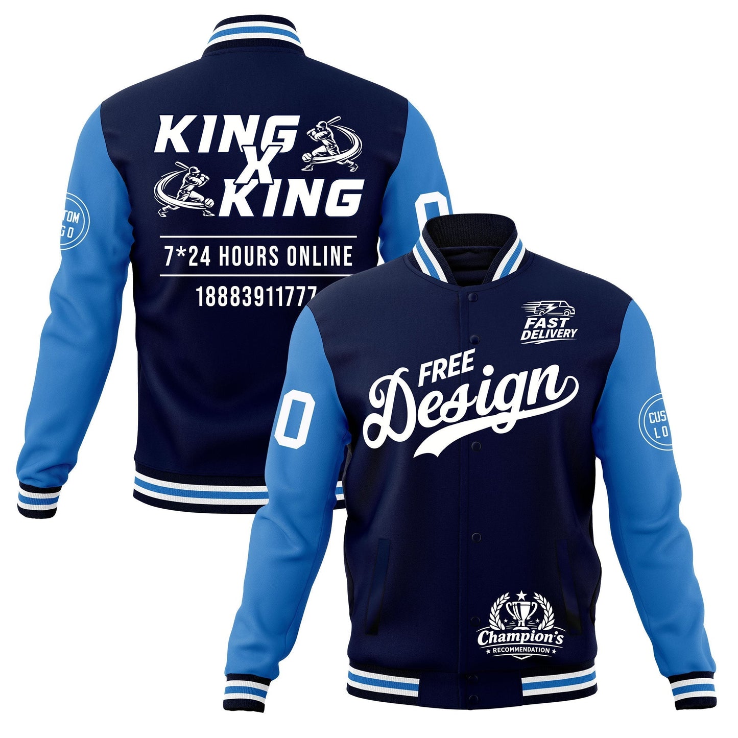Custom Navy White Light Blue Jacket Classic Style Full-Snap Club & Spirit Wear Wrinkle-Resistant