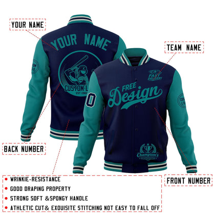 Custom Navy Teal Gray Jacket Classic Style Full-Snap Club & Spirit Wear Breathable
