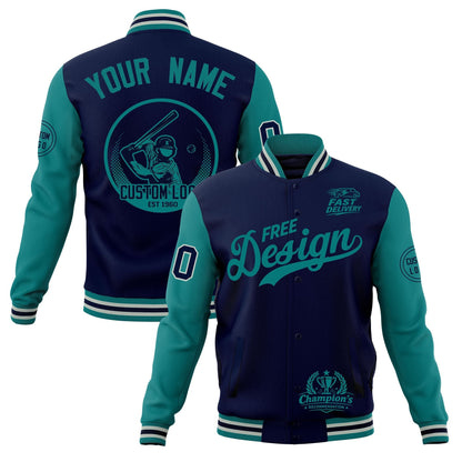 Custom Navy Teal Gray Jacket Classic Style Full-Snap Club & Spirit Wear Breathable