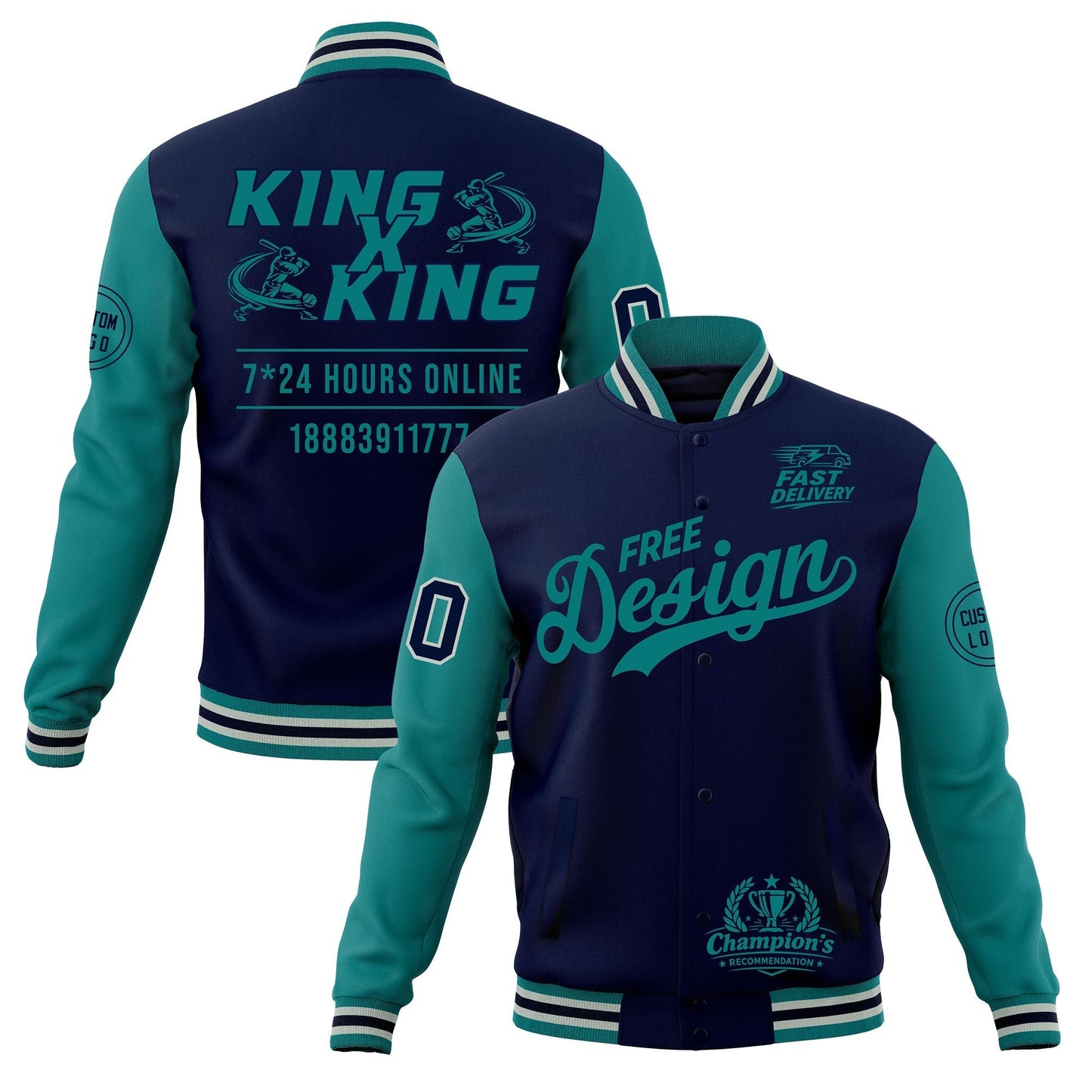 Custom Navy Teal Gray Jacket Classic Style Full-Snap Club & Spirit Wear Wrinkle-Resistant
