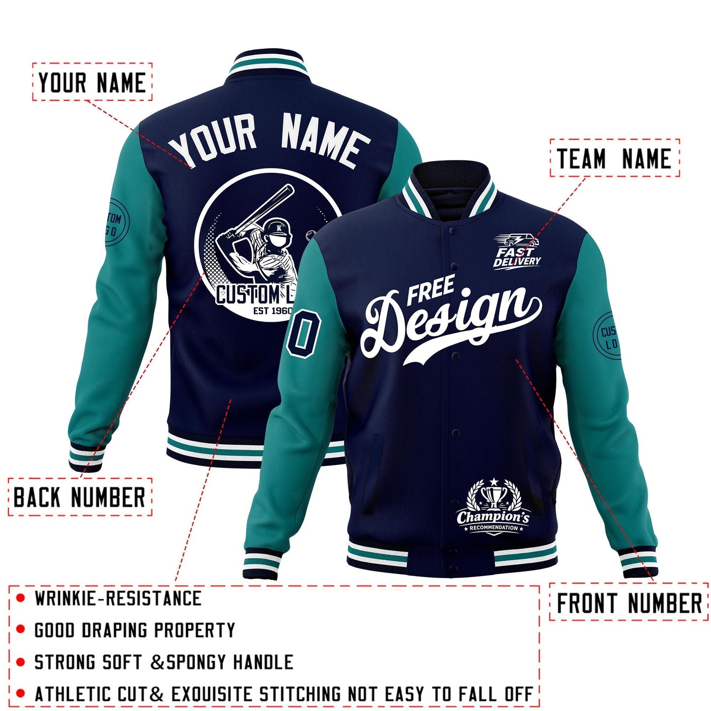 Custom Navy White Teal Jacket Classic Style Full-Snap Club & Spirit Wear Breathable