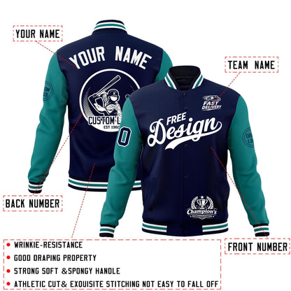 Custom Navy White Teal Jacket Classic Style Full-Snap Club & Spirit Wear Breathable