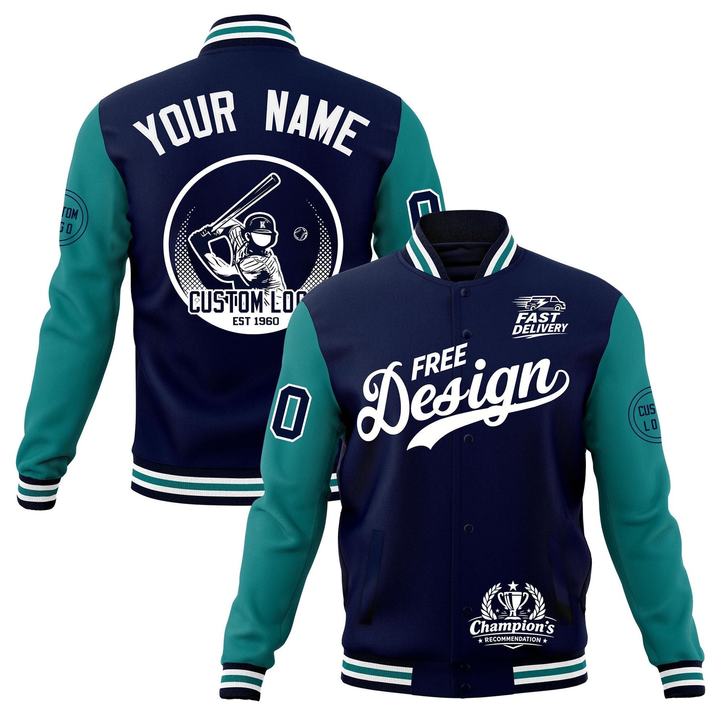 Custom Navy White Teal Jacket Classic Style Full-Snap Club & Spirit Wear Breathable