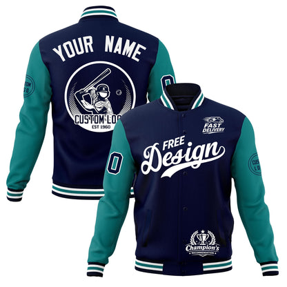 Custom Navy White Teal Jacket Classic Style Full-Snap Club & Spirit Wear Breathable