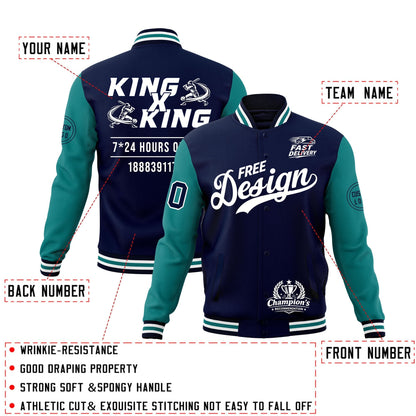 Custom Navy White Teal Jacket Classic Style Full-Snap Club & Spirit Wear Wrinkle-Resistant