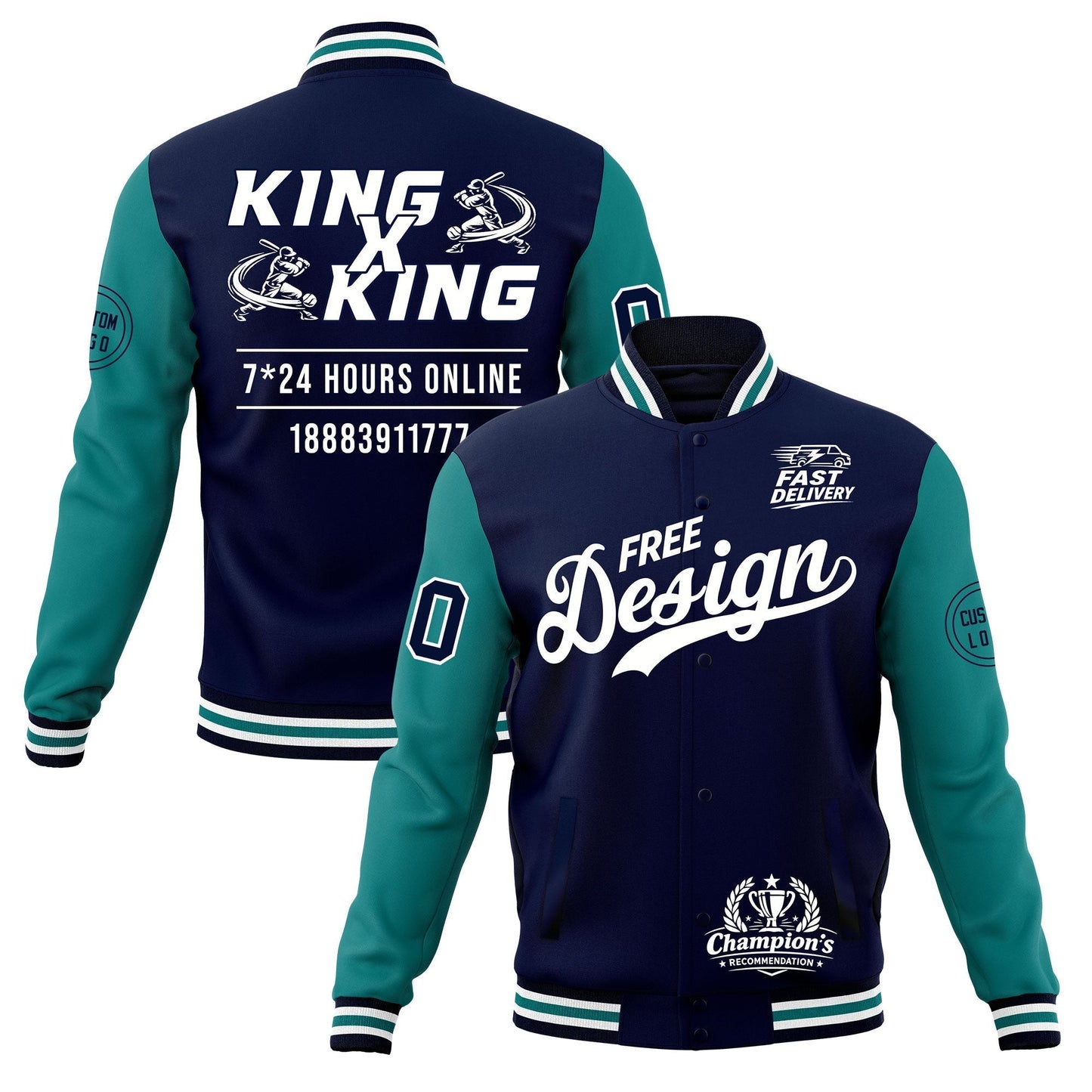 Custom Navy White Teal Jacket Classic Style Full-Snap Club & Spirit Wear Wrinkle-Resistant