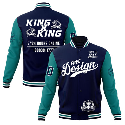 Custom Navy White Teal Jacket Classic Style Full-Snap Club & Spirit Wear Wrinkle-Resistant