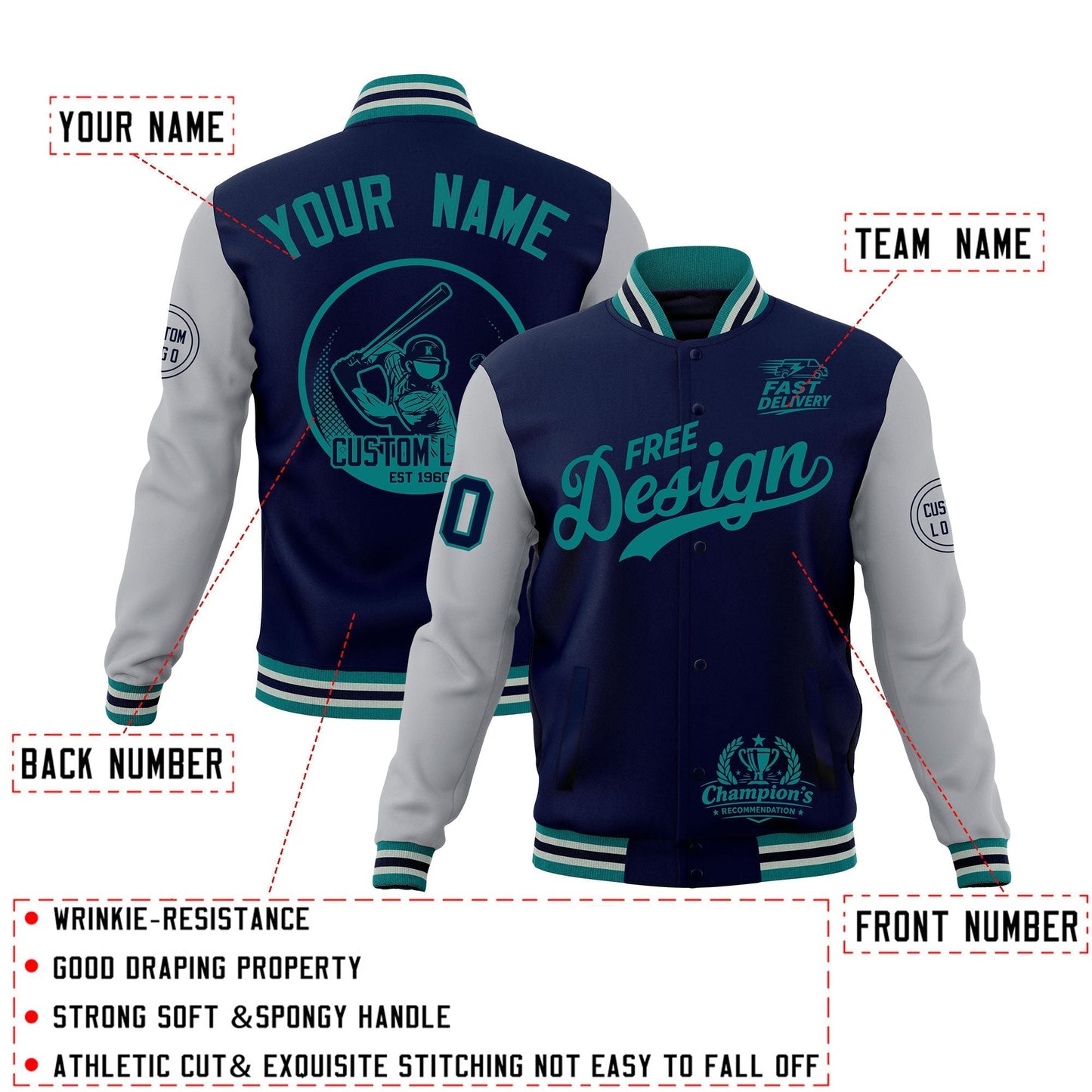 Custom Navy Teal Gray Jacket Classic Style Full-Snap Club & Spirit Wear Breathable