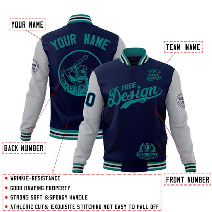 Custom Navy Teal Gray Jacket Classic Style Full-Snap Club & Spirit Wear Breathable