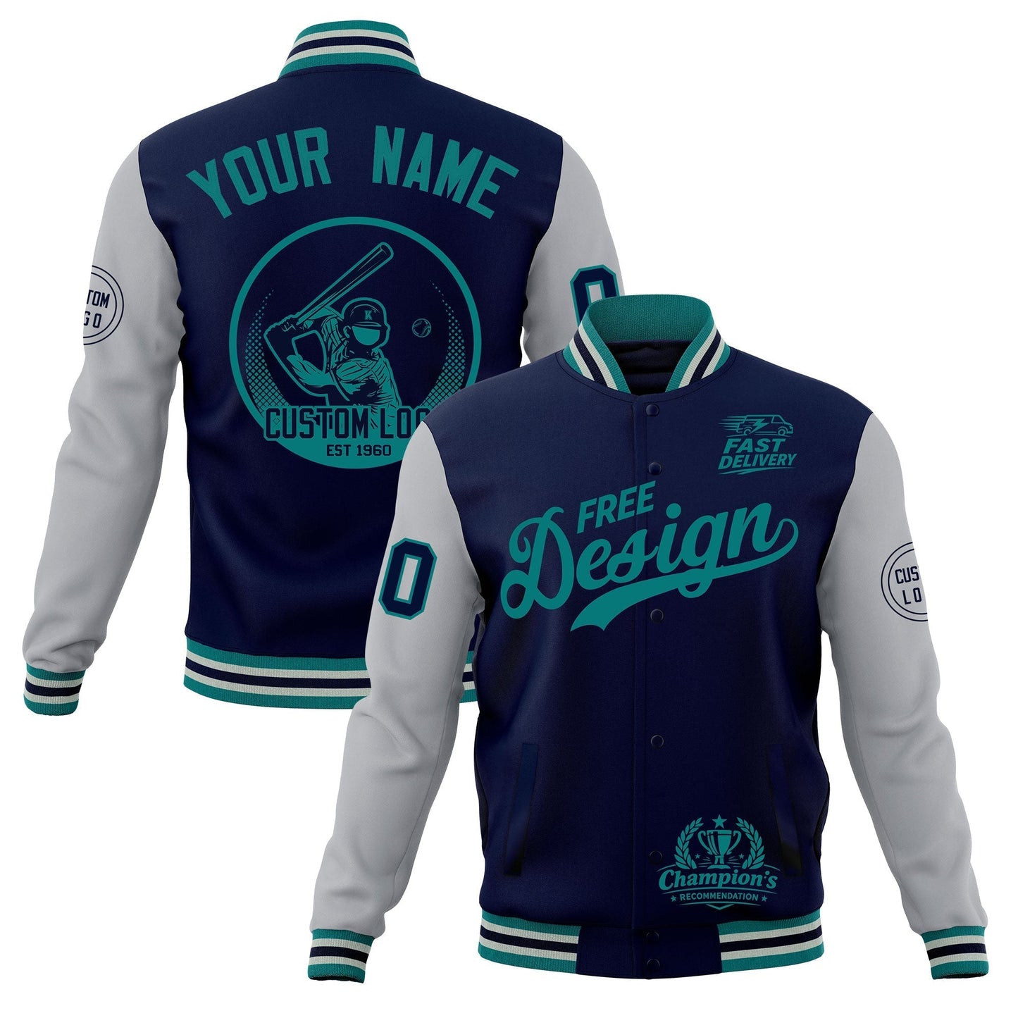 Custom Navy Teal Gray Jacket Classic Style Full-Snap Club & Spirit Wear Breathable