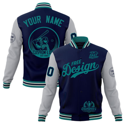Custom Navy Teal Gray Jacket Classic Style Full-Snap Club & Spirit Wear Breathable