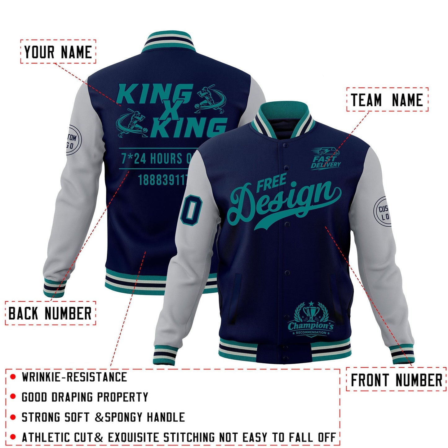 Custom Navy Teal Gray Jacket Classic Style Full-Snap Club & Spirit Wear Wrinkle-Resistant