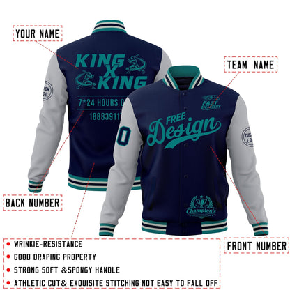 Custom Navy Teal Gray Jacket Classic Style Full-Snap Club & Spirit Wear Wrinkle-Resistant
