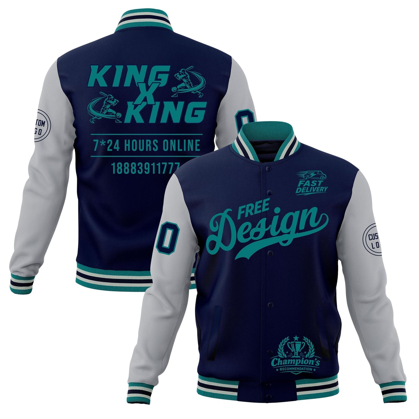 Custom Navy Teal Gray Jacket Classic Style Full-Snap Club & Spirit Wear Wrinkle-Resistant