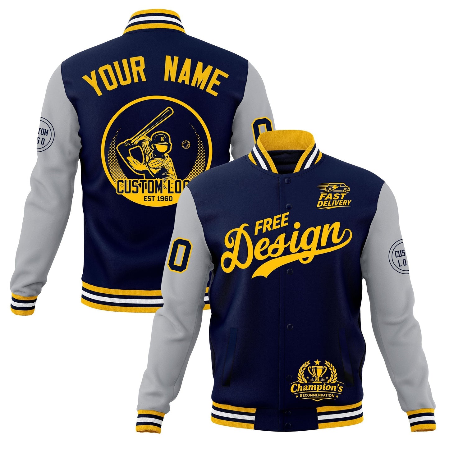 Custom Navy Gold White Jacket Classic Style Full-Snap Club & Spirit Wear Breathable