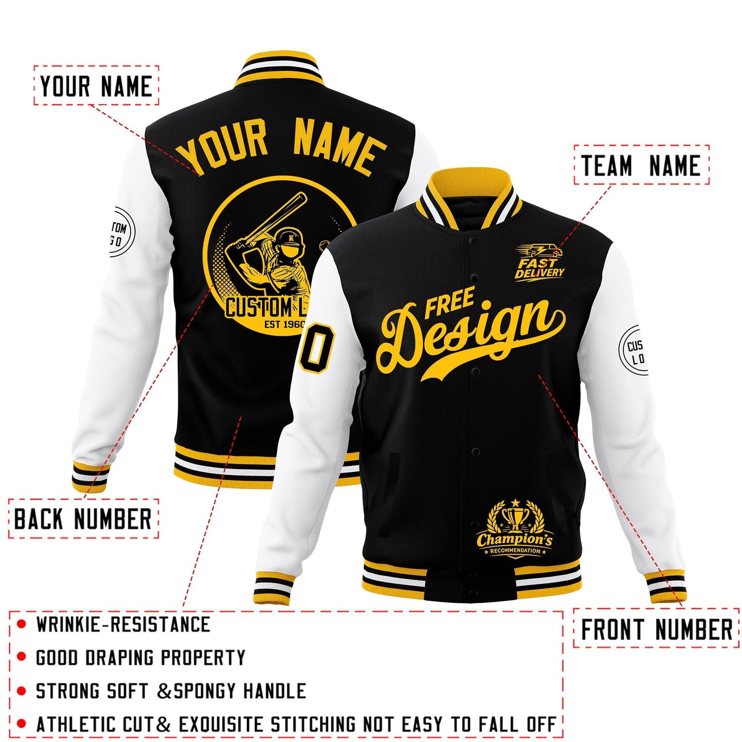 Custom Black Gold White Jacket Classic Style Full-Snap Club & Spirit Wear Breathable
