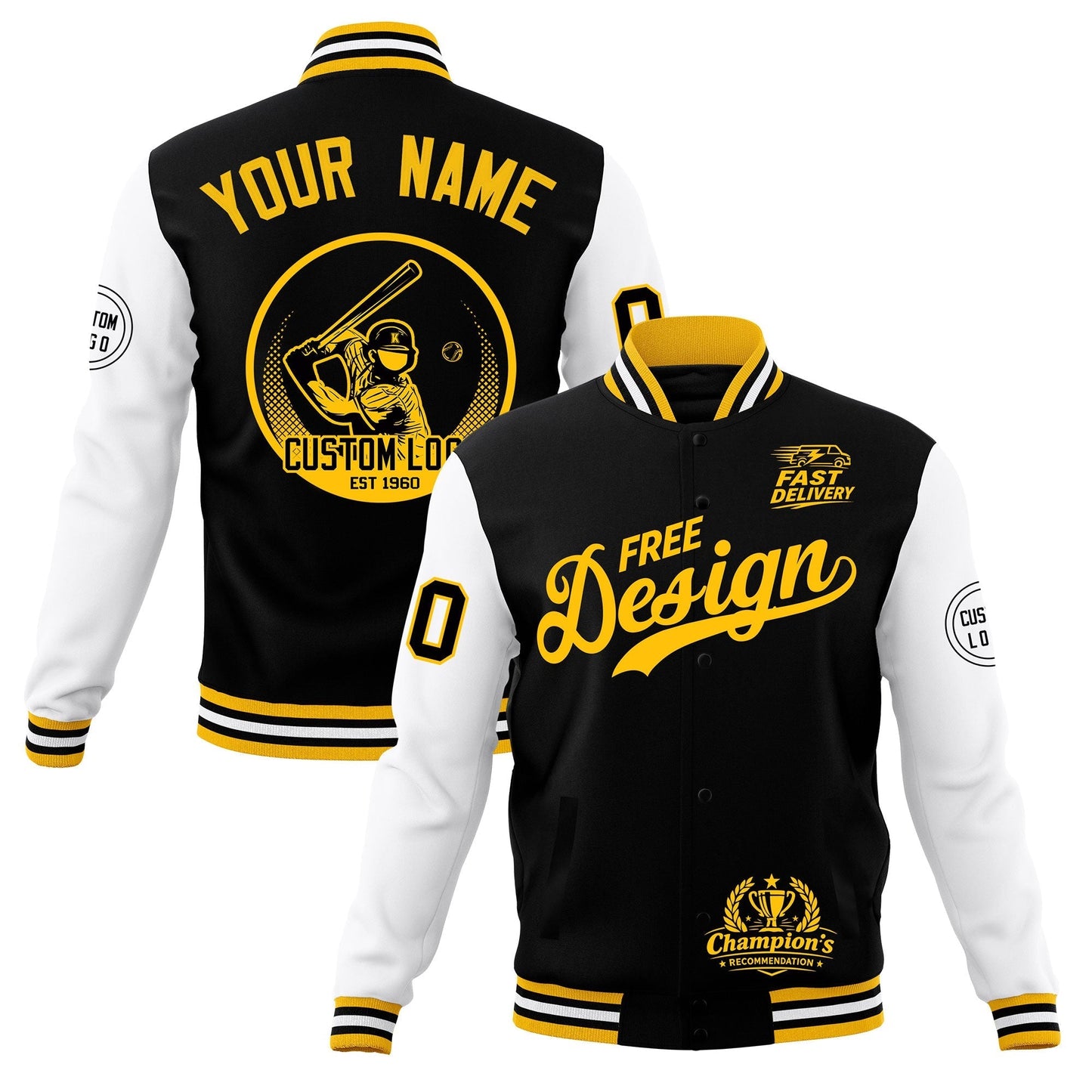 Custom Black Gold White Jacket Classic Style Full-Snap Club & Spirit Wear Breathable