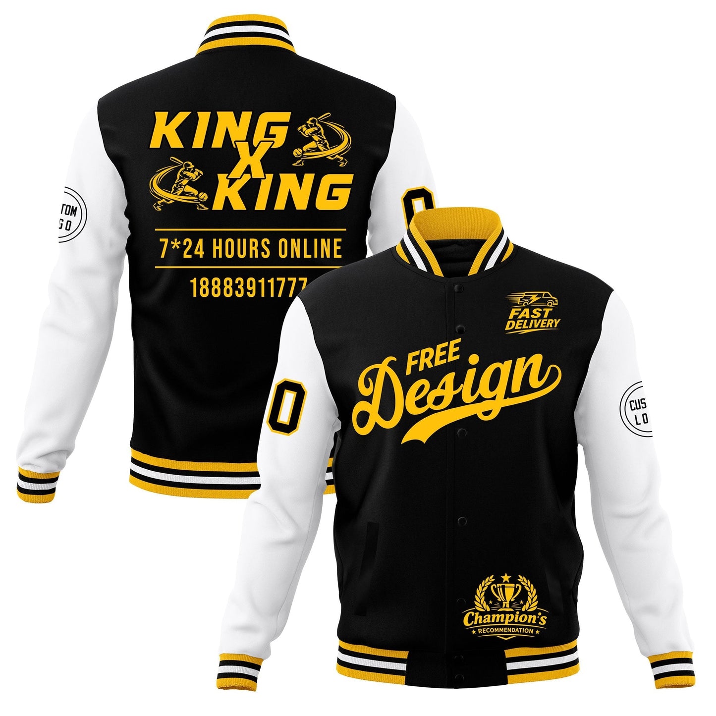 Custom Black Gold White Jacket Classic Style Full-Snap Club & Spirit Wear Wrinkle-Resistant