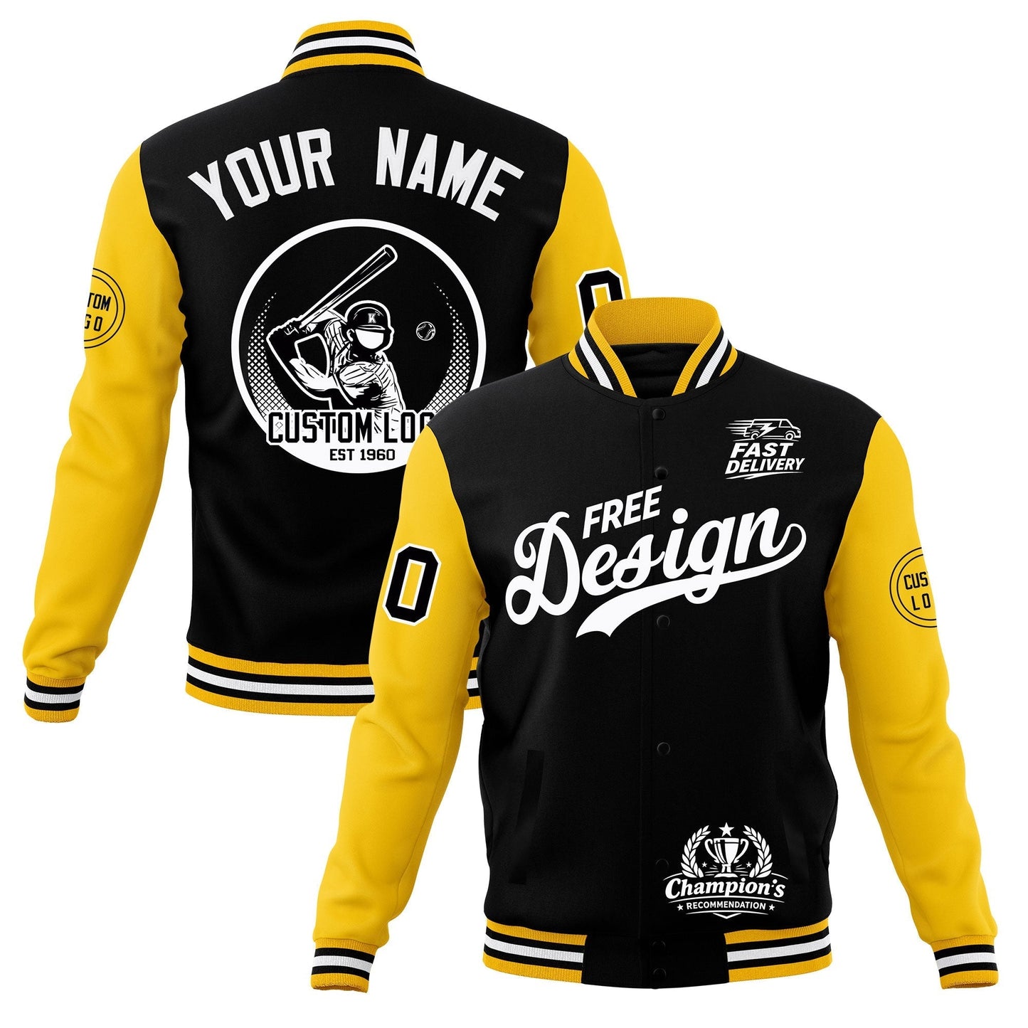 Custom Black Gold White Jacket Classic Style Full-Snap Club & Spirit Wear Breathable