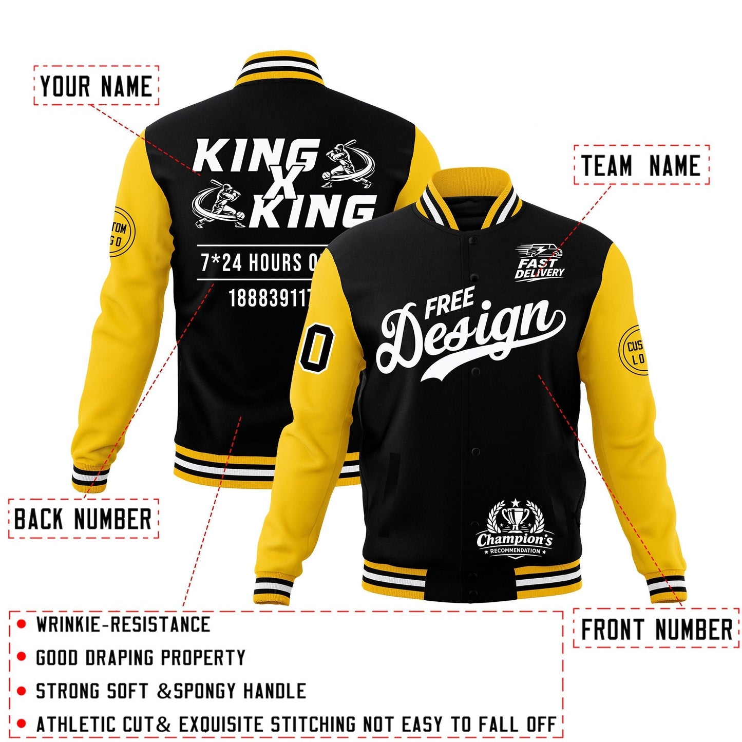 Custom Black Gold White Jacket Classic Style Full-Snap Club & Spirit Wear Wrinkle-Resistant