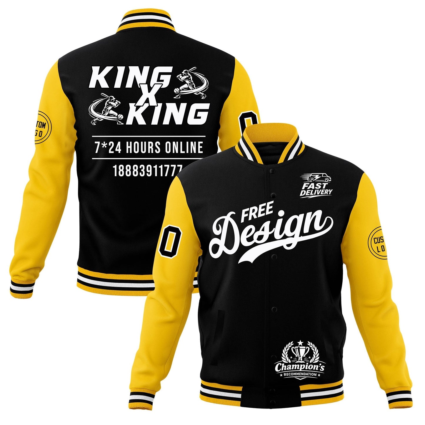 Custom Black Gold White Jacket Classic Style Full-Snap Club & Spirit Wear Wrinkle-Resistant