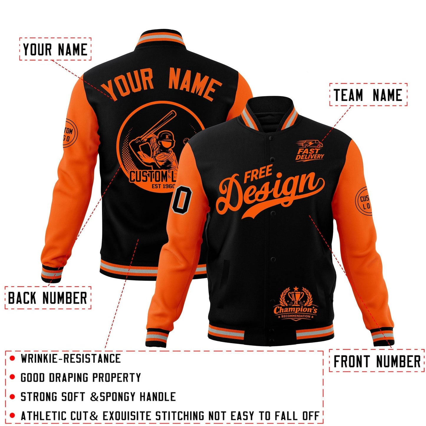 Custom Black Orange Gray Jacket Classic Style Full-Snap Club & Spirit Wear Breathable