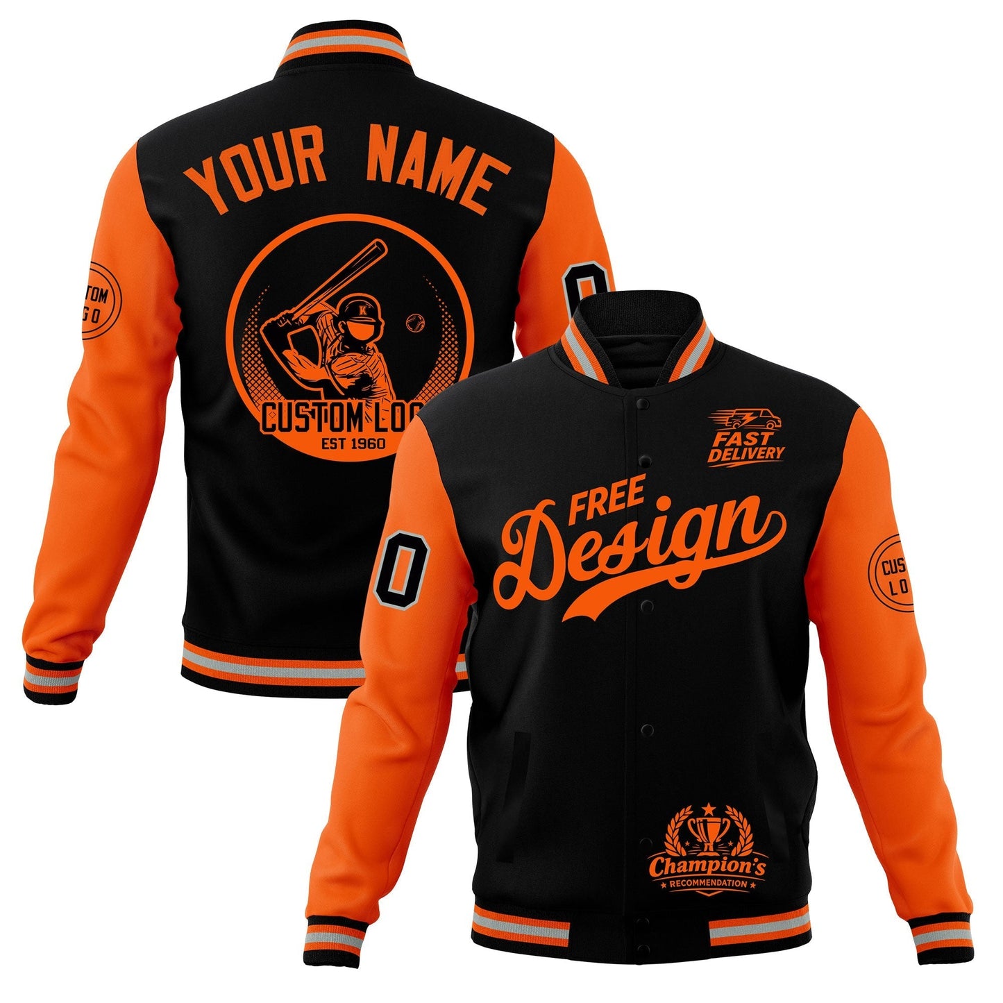 Custom Black Orange Gray Jacket Classic Style Full-Snap Club & Spirit Wear Breathable