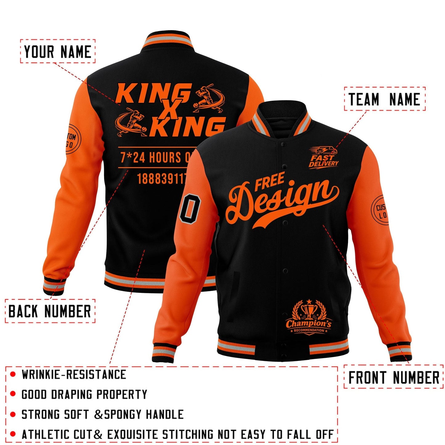 Custom Black Orange Gray Jacket Classic Style Full-Snap Club & Spirit Wear Wrinkle-Resistant