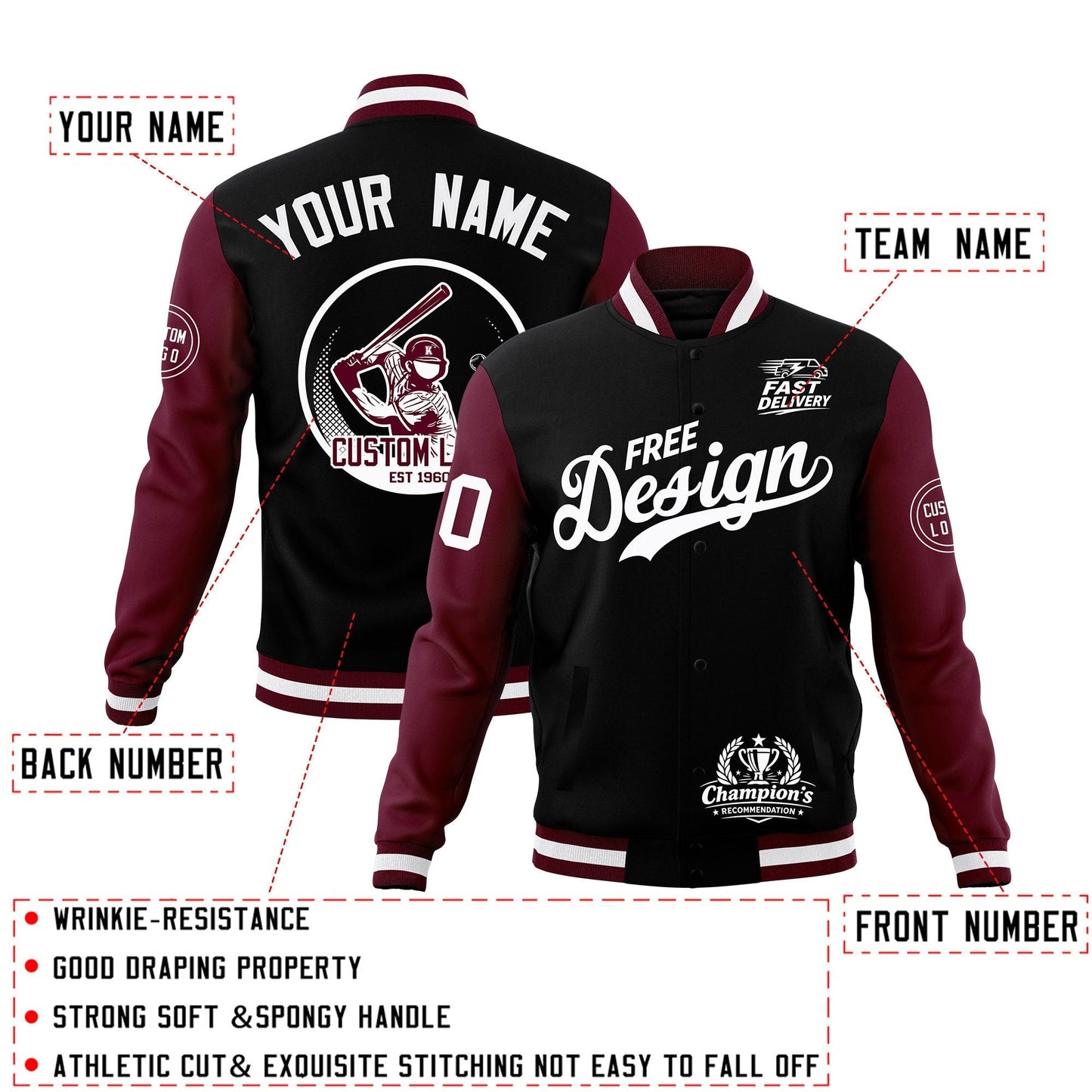 Custom Black Burgundy White Jacket Classic Style Full-Snap Club & Spirit Wear Breathable